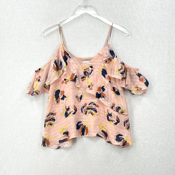 TANYA TAYLOR Chiara Silk Cold Shoulder Top Womens 4 Pink Abstract Floral Ruffle - Picture 3 of 16